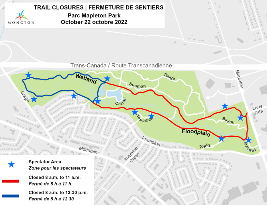 Mapleton Park trail closures map for the Moncton Dog Runners Fall Fast Fox Race