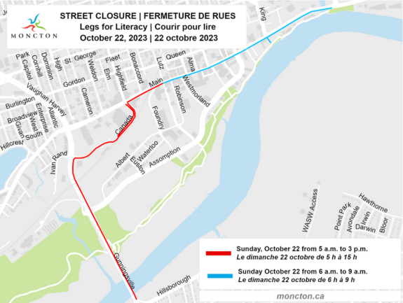 Road closure map for the Legs for Literacy marathon
