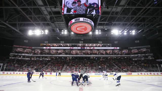 A face-off during a hockey game