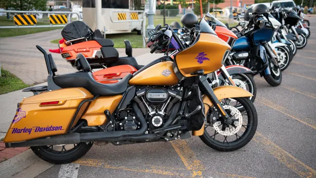 Motorcycles lined up for a festival