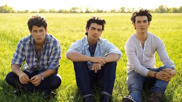 Jonas Brothers sitting on grass in a field