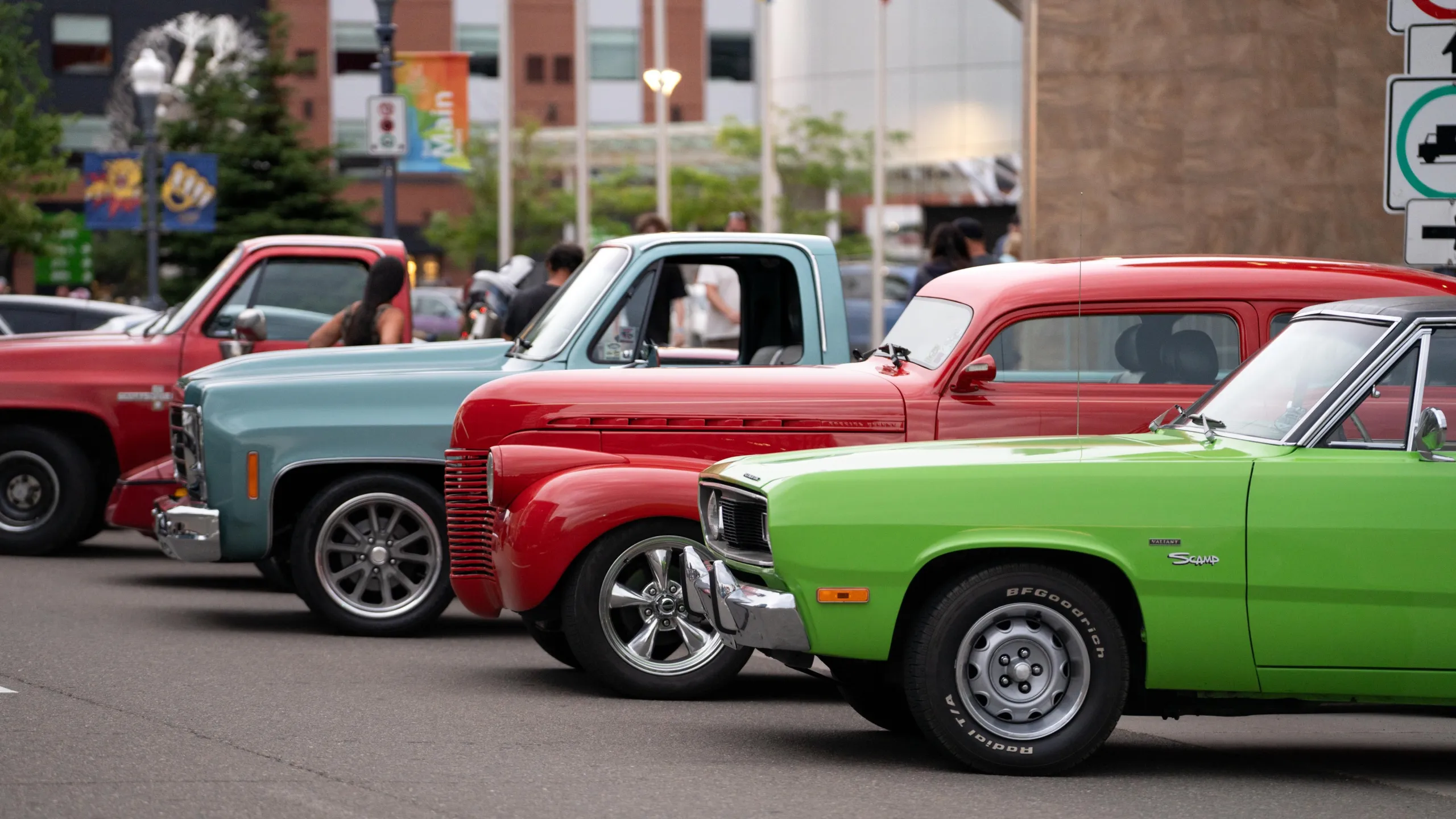 Classic cars lined up on Main Street