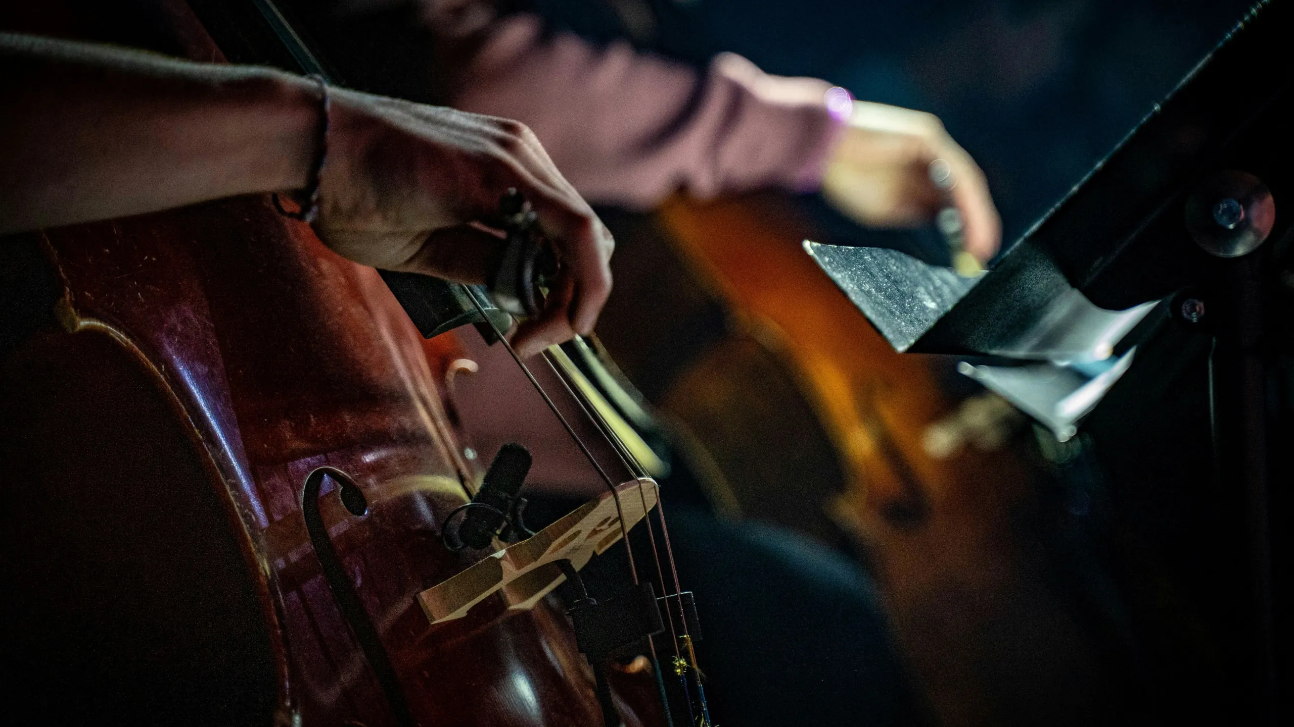 A close-up view of a hand plucking a cello