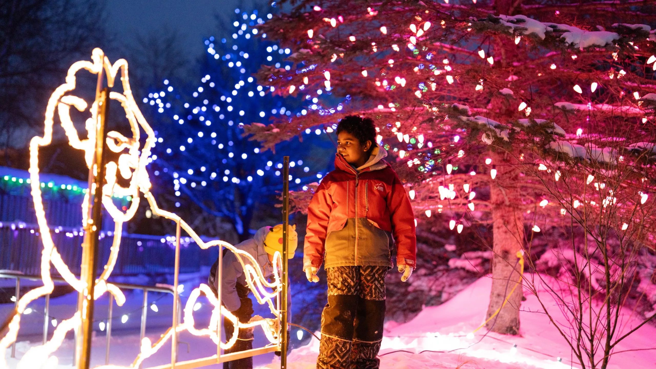 Two kids standing in front of a light display at the Zoo 