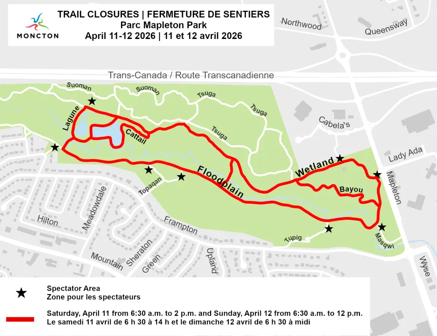 Map of trail closures for the 2026 Moncton Dog Runners Spring Fast Fox Race